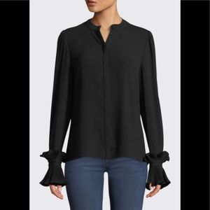 CO Essentials Button-Front Plisse Pleated Cuff Crepe Blouse